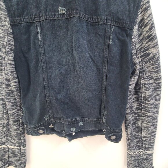 Free People Denim Jacket Layered Knit Hooded Dark Washed Women's Size Small - Picture 8 of 11